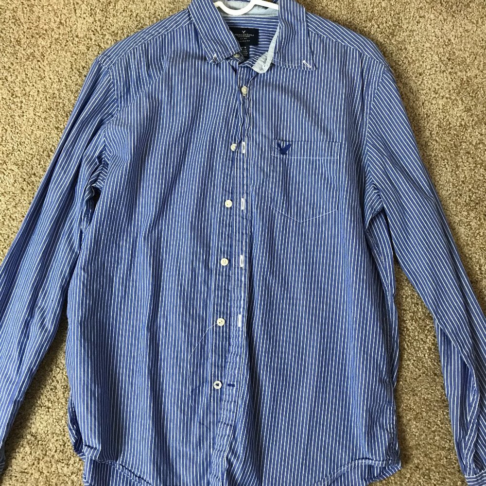 American Eagle Blue and White Striped Dress Shirt